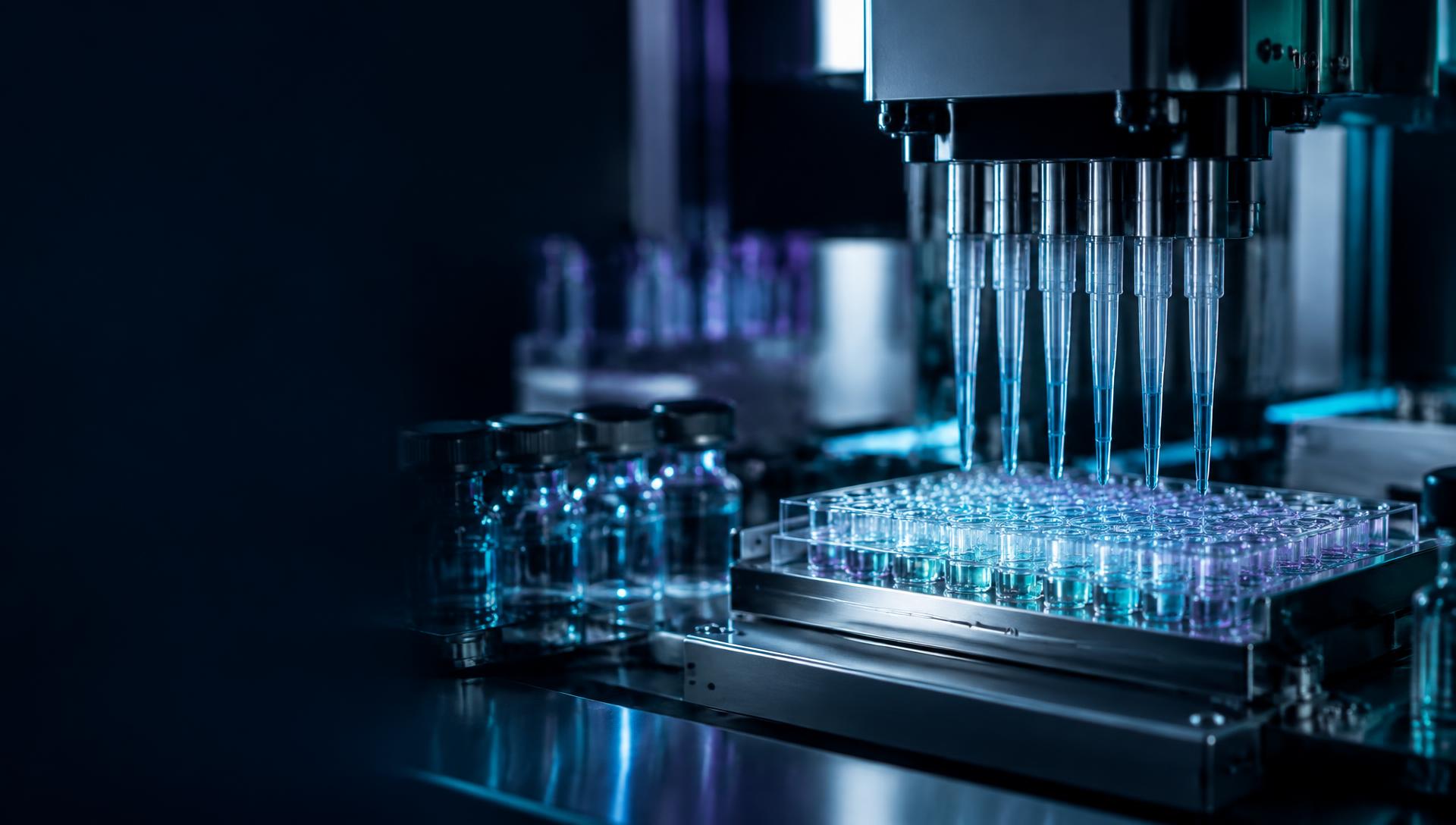 Precision pipette array over a laboratory microplate